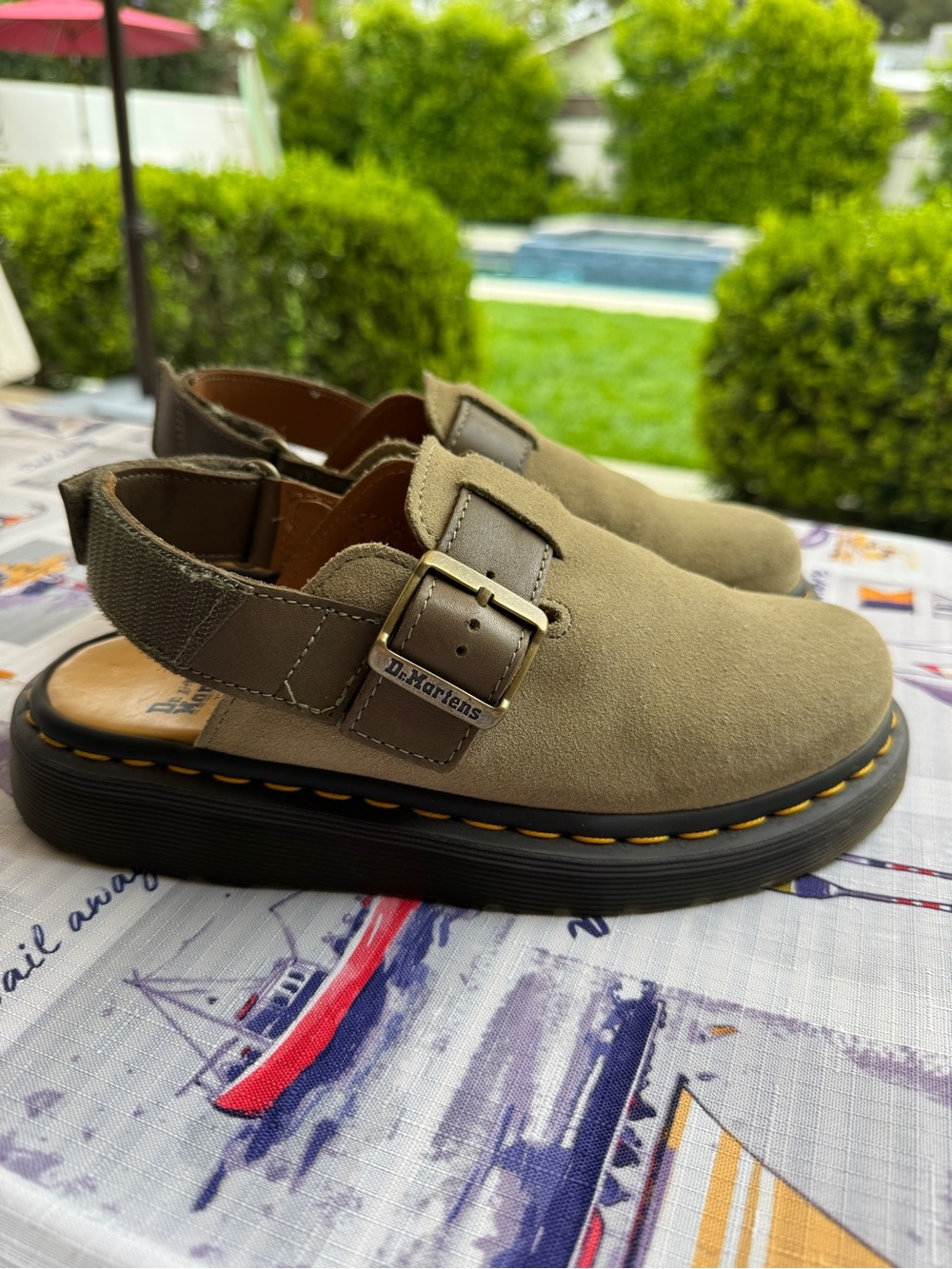 Dr. Martens Taupe Suede Slingback Buckle Clog